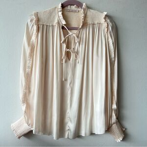 pookie & sebastian Cream Satin Ruffled Blouse